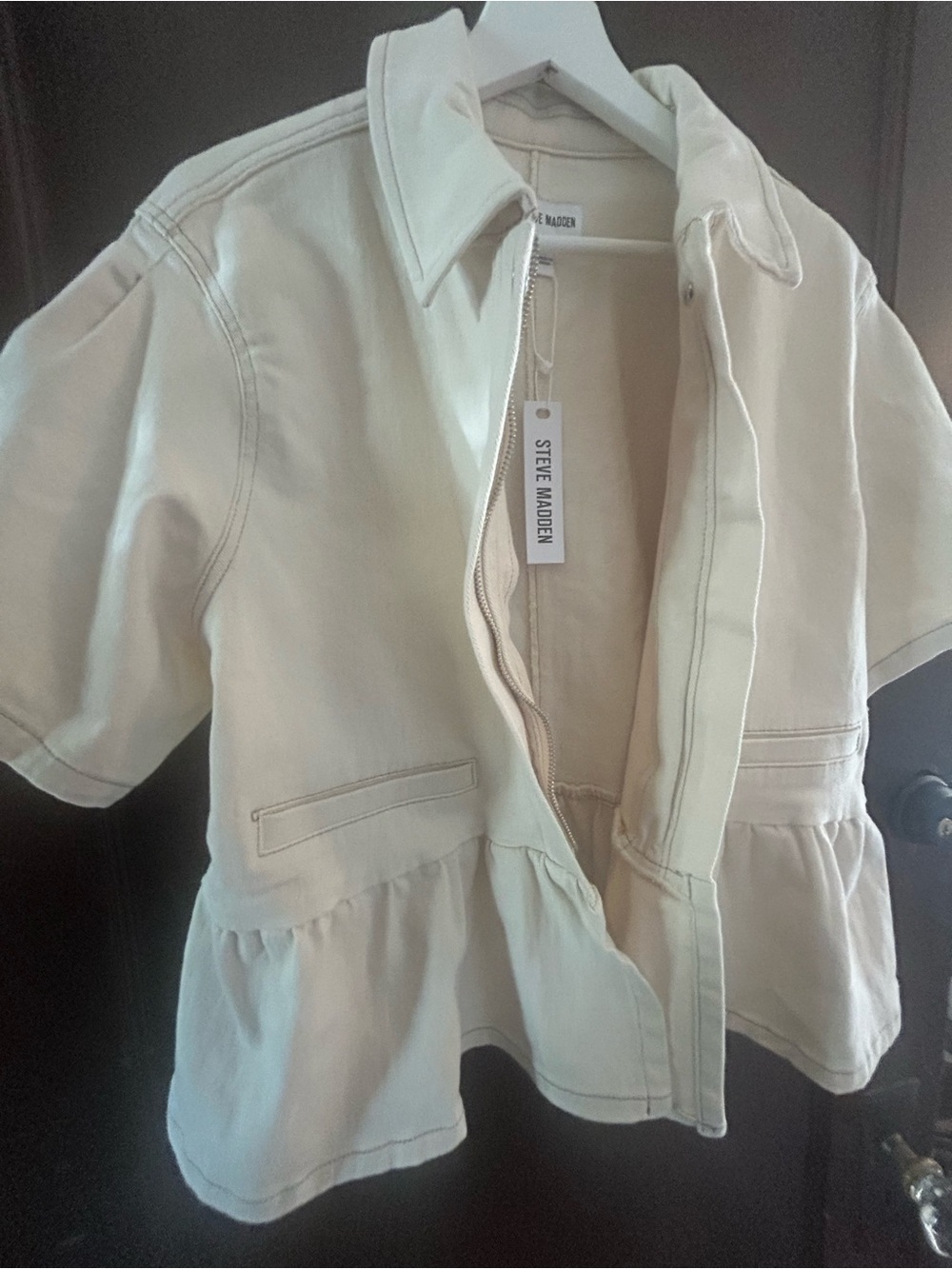 Steve Madden Cream Short-Sleeve Peplum Zip-Up Jacket